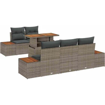 Image of vidaXL 6 Piece Garden Dining Set with Cushions Grey Poly Rattan Acacia