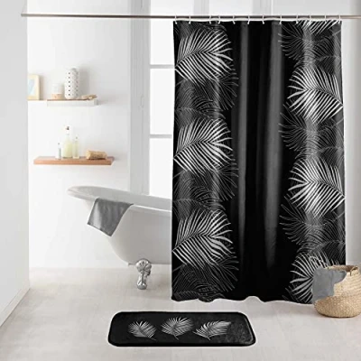 Image of Douceur d&#039;Intérieur DOV19 Orbella Shower Curtain with Hooks, Black/Silver, 180 x 200 cm