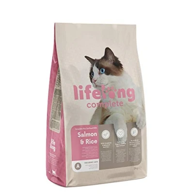 Image of Amazon Brand Lifelong Complete Dry Cat Food with Salmon &amp; Rice for Adult Cats, 3 kg (Pack of 1)