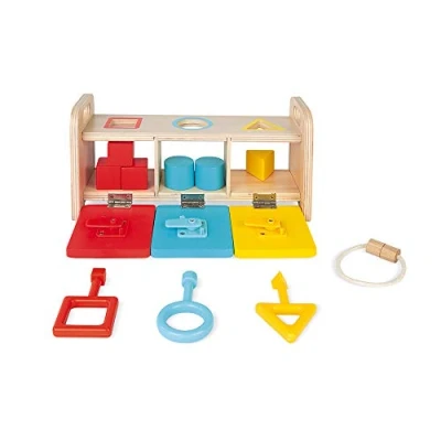 Image of Janod Essential The Key Box Early Years Educational Wooden Game 2 In 1 Teaches Shapes, Colours and Fine Motor Skills Water Based Paint from 18 Months, J05065