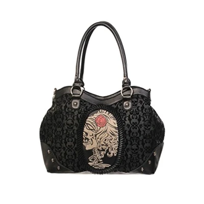 Image of Banned Gothic Victorian Flocked Cameo Skeleton Skull Rose Ladies Handbag