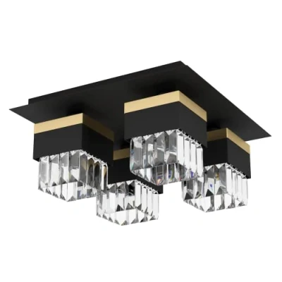 Image of EGLO Ceiling light fitting Barrancas, crystal flush mount lamp, elegant living room lighting made of metal in black and gold, clear glass, E14 socket