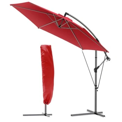 Image of VOUNOT 3m Cantilever Garden Parasol, Banana Patio Umbrella with Crank Handle, Wind Protection Strap and Tilt for Outdoor Sun Shade, Red