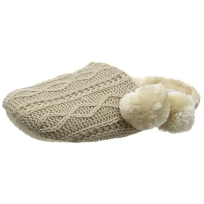 Image of Eaze Women&#039;s Cable Knit Fur Pom Low Top Slippers, Grey (Mink), M UK