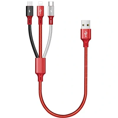 Image of ASICEN Multi Charging Cable 3A [35CM], 3 in 1 USB Charger Cable, Short Nylon Braided with iP/Type C/Micro for iPhone 16/15/14/13/12/Android Galaxy/Pixel/LG/Tablets Red