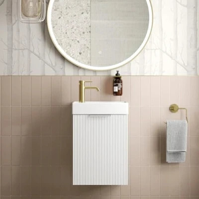 Image of BAYSTONE® Fluted 400mm Wall Hung Vanity Unit with Basin Sink Bathroom Storage Cabinet Cupboard White