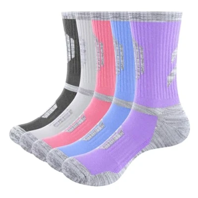 Image of YUEDGE Women&#039;s Walking Socks Mositure Wicking Cushioned Cotton Crew Sports Mid Calf Boot for Ladies Size 4 7, 5 Pairs Multicolor