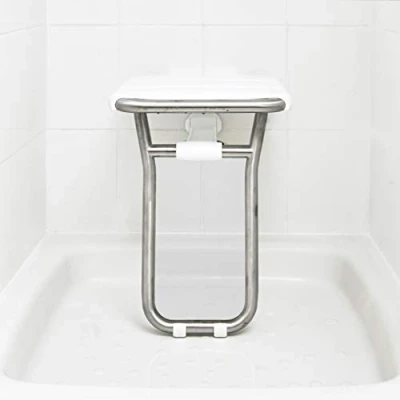 Image of Helping Hand Company Kingfisher Wall Mounted Folding Shower Seat for Elderly. with Drop Down Legs Elderly or Disabled. White Plastic Coated Steel. 100kg (15st 7lbs) Weight Limit