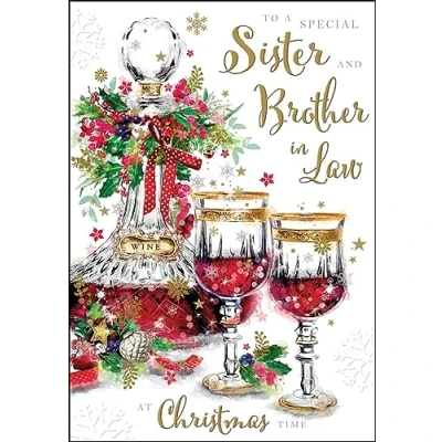 Image of Jonny Javelin Special Sister and Brother in Law Christmas Card Red Wine Decanter Glasses Embossed with Foil Flitter Details