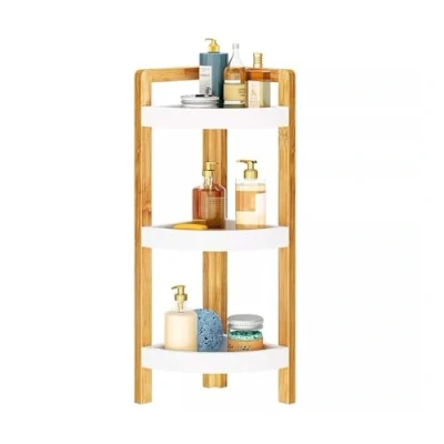 Image of PREMZO Wood Corner Shelf Storage Rack, Free Standing Rack Multipurpose Shelving Unit, Living Room Bathroom Kitchen Wooden 3 Tier