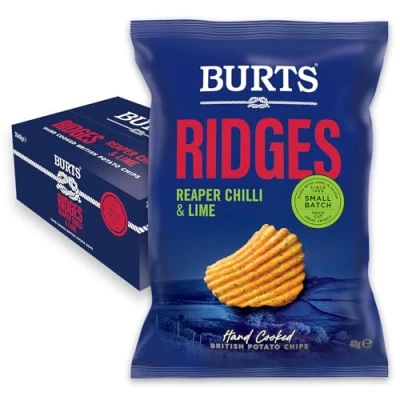 Image of Burts Ridges Reaper Chilli &amp; Lime Hand Cooked Crisps 20 x 40 g Multipack Box Vegan and Vegetarian Friendly, Gluten Free, Hydrogenated Fat Non GMO Potato Chips