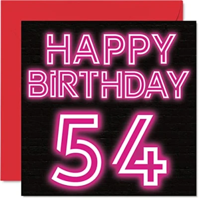 Image of Fun 54th Birthday Cards for Men Woman Neon Glow Happy Card Dad Mum Grandad Nanny Grandma Uncle Auntie Cousin Friend, 145mm x Greeting Cards,