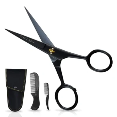 Image of ONTAKI 5&quot; Beard Moustache Scissors Professional German Steel 2 Comb Carrying Pouch Mustache Trimming Hand Forged Bevel Edge Precision Men Facial Hair Grooming Kit All Body Black