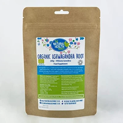 Image of Organic Ashwagandha Root Powder 200g by The Natural Health Market Soil Association Certified RAW Ayurvedic Herb Potent Adaptogen (200g)