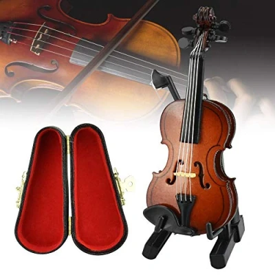 Image of CODIRATO Miniature Violin with Bow Stand Support Worlds Smallest Mini Painted Surface Simulation Black Case Wooden for Decorating Houses or Offices (Brown)