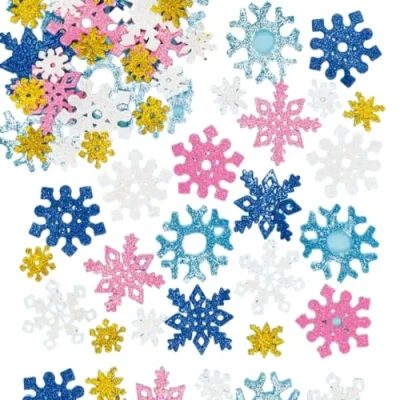 Image of Baker Ross EX5984 Snowflake Glitter Foam Stickers for Kids&#039; Winter Crafts and Art Projects, Cards, Party Bags, Decorations (Pack of 120)