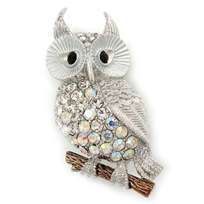 Image of Clear, AB Diamante Owl Brooch/Pendant in Rhodium Plating 40mm Length