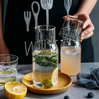 Image of AVKART 4Pcs Bedside Water Carafe Set with Tumbler Glass Nightstand Night Cup Mouthwash Bottle Clear Juice Pitcher(12.6+17.6oz)