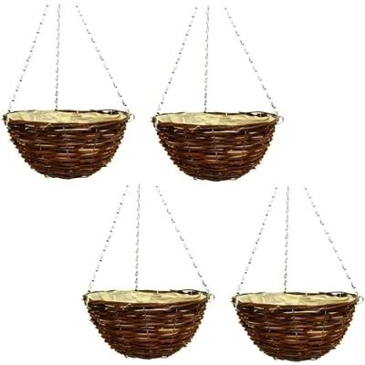 Image of Fyne Finds 36cm 14Inch Dark Brown Wicker Hanging Basket Lined Rattan Willow Planter 4 Pcs With Liner Metal Chain
