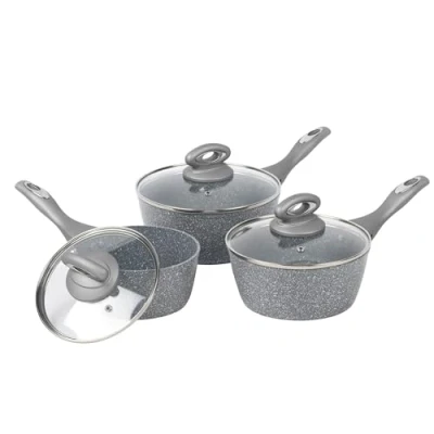 Image of Salter BW02986GEU7 Marblestone 3 Piece Saucepan Set 16cm, 18cm, 20cm Pans, Non Stick, Tempered Glass Lids, PFOA Free, Corrosion Resistant Forged Aluminium, Suitable For All Hobs, Dishwasher Safe