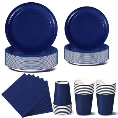 Image of Nkaiso Dark Blue Party Tableware, 96 Pieces Colorful Supplies Set Solid Color Paper Plates Cups and Napkins for Birthday
