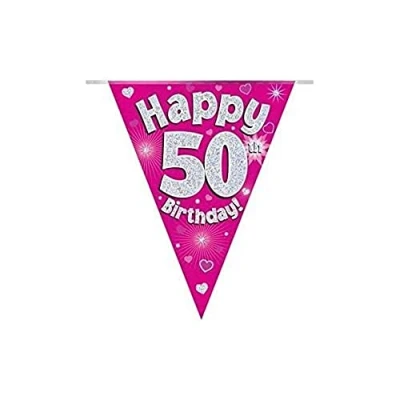 Image of Party Bunting Happy 50th Birthday Pink Holographic 11 flags 3.9m