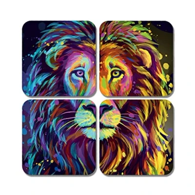 Image of 4 x Square Colourful Lion Coasters Animals Safari Art Jigsaw Gift #78336