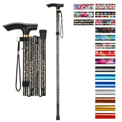 Image of supregear Folding Cane, 5 Level Adjustable Height Walking Stick Lightweight Collapsible Portable Travel Cane with Wrist Strap and T Handle for Elderly Disabled Men Women, Leopard