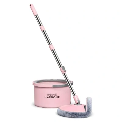 Image of HH1 Spin Mop and Bucket Set 2 in 1 360 Quick Spinning Clean Dirty Water Separation Wringing System Rotating Suitable for All Flooring With Handle Microfibre Velcro Head (Pink)
