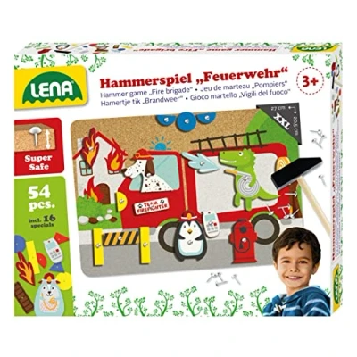 Image of Lena 65836 fire Brigade, 38 Coloured 16 Special Parts, XXL Base Plate Made of Cork Approx. 28 x 19.5 cm, Nails, Knocking Children from 3 Years, Hammer Game, Multicoloured, Large