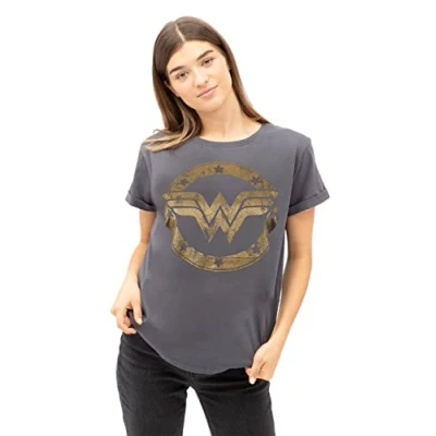 Image of DC Comics Women&#039;s Metallic Logo T Shirt, Charcoal Grey, 12 UK