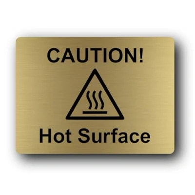 Image of Metallic Gold Caution Hot Surface Sign UV Printed Aluminium for Indoor &amp; Outdoor Use Self Adhesive Backing, Easy Install Instructional Safety Signage Hand Dryers 194x143mm