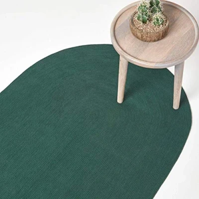 Image of HOMESCAPES Dark Green Handmade Braided Oval Rug For Bedroom &amp; Living Room Reversible Woven Cotton Small Rug, 50 x 80 cm