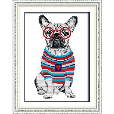Image of Cross Stitch Kits, French Bulldog Dogs Animals Glasses Awesocrafts Easy Patterns Embroidery Kit Supplies, Counted Options for Adults Beginners (Bulldog, Counted)