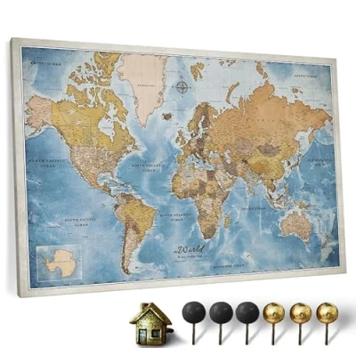 Image of Canvas World Map with Cork Pin Board English Lettering Decorative Wall Decoration for All Rooms Pictures Motif (70x50 cm, Pattern 15)