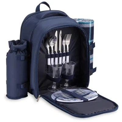 Image of VonShef Picnic Backpack, 2 Person Navy Bag with Full Dining &amp; Cutlery Set, Insulated Cooler Compartment Large Waterproof Blanket, Lightweight Water Resistant Camping Accessories