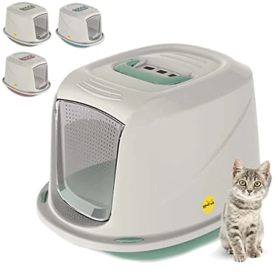 Image of Cat CENTRE Medium Green Hooded Litter Tray Extra Deep Kittens Small Cats Toilet Enclosed Box Pan Loo Filter Flap Door Detachable Rim Rounded Corners Safe Durable Galaxy Carry Handle