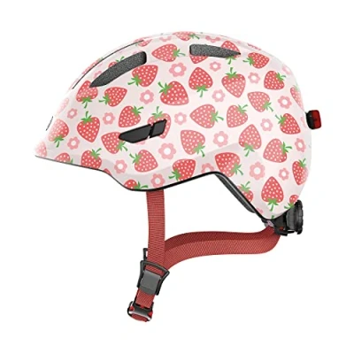 Image of ABUS children&#039;s helmet Smiley 3.0 LED bike with light deep fit and space for a pigtail girls boys pink strawberry pattern, size S, S (45 50 cm)