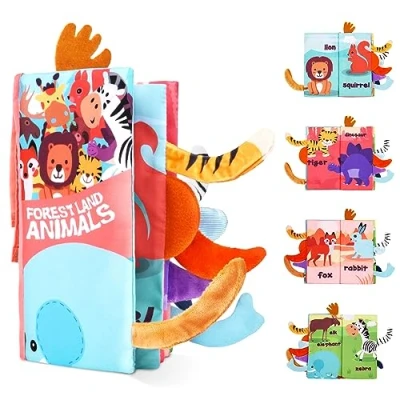 Image of Vicloon Baby Soft Books, Bath Cloth Book, Quiet Books for 0 3 Year Old Toddlers Kids, First 3D Animals Tails Crinkle Sensory Touch and Feel Book