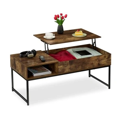 Image of Relaxdays Coffee Table with Lift Top, Side Section, Compartment Storage Space, Wood Look, 45 x 110 50 cm, Brown, Fibreboard, 56 cm