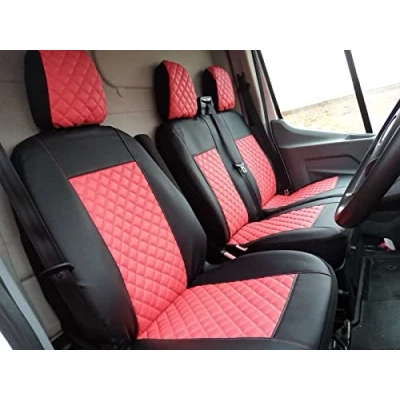 Image of FRONT Seat Covers 2+1 Designed to fit FORD TRANSIT CUSTOM after 2015 SMALL cabin RED CENTER Eco Leather RHD