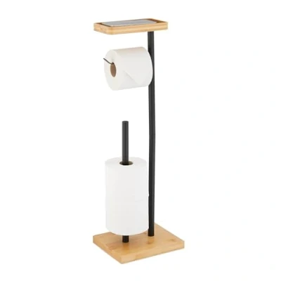 Image of Relaxdays Toilet Paper Holder, for 3 Spare Rolls, with Shelf, Bamboo &amp; Metal, 66.5x21x17 cm, Freestanding, Black/Natural, Plastic, Iron