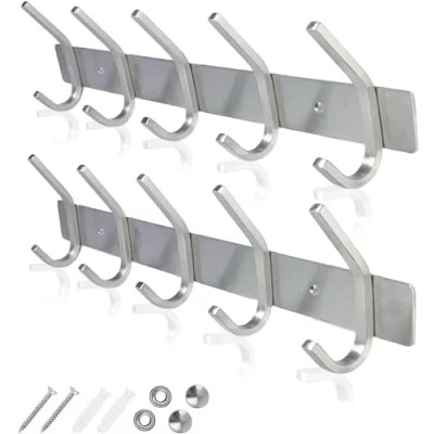 Image of GlazieVault Coat Racks for Wall Stainless Steel Hooks (2 Pack) Heavy Duty Mounted Hanger and Clothes