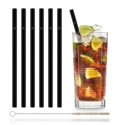 Image of Halm Black Glass Drinking Straws Reusable 6 Pieces Straight 20 cm + Plastic Free Cleaning Brush Dishwasher Safe Sustainable Sippers Straw