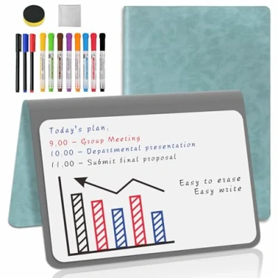 Image of Whiteboard A5 Green Small Notebook Mini Desk with 11 Erasable Pens to do List White Board for School Office Supplies Accessories (Green Notepad Multi Pens, 1 Pack)