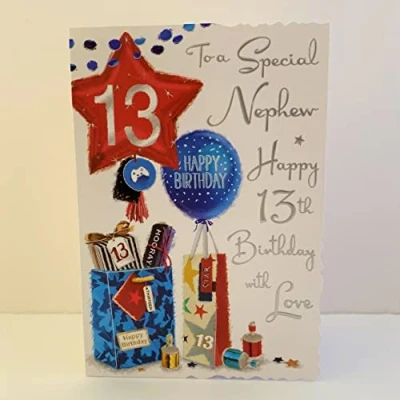 Image of Jonny Javelin Special Nephew Happy 13th Birthday Card Age 13 Balloons Presents
