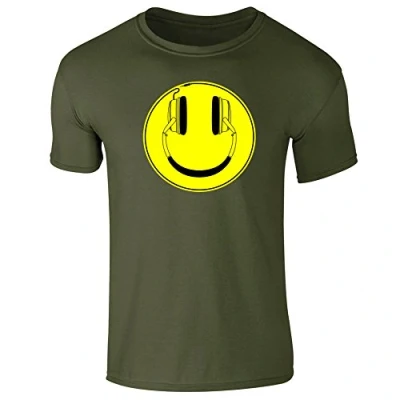 Image of Mens Headphones Happy Smile Face DJ Rave Bass Music T Shirt Khaki (M)