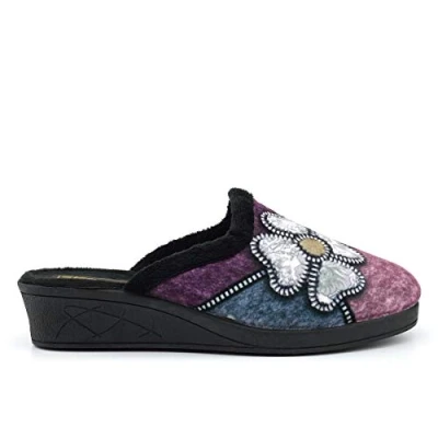 Image of Sleepers Kimberly Womens Mule Slippers with Low Wedge Heel Black/Purple/Blue 5 UK