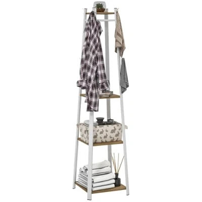 Image of HOMCOM Coat Rack with Storage, Freestanding Stand 8 Hooks and 3 Tier Shelf, Clothes for Bedroom, Entryway, Oak White
