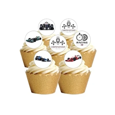 Image of 24 Precut Round Formula One Racing Car Sport themed Edible Wafer paper Cake Toppers